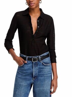 Rag & Bone Black Julia Open Knit Long Sleeve Polo Shirt Top Size S